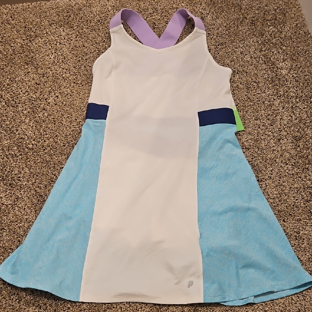 Prince White Athletic Dress with Navy and Light Blue Panels